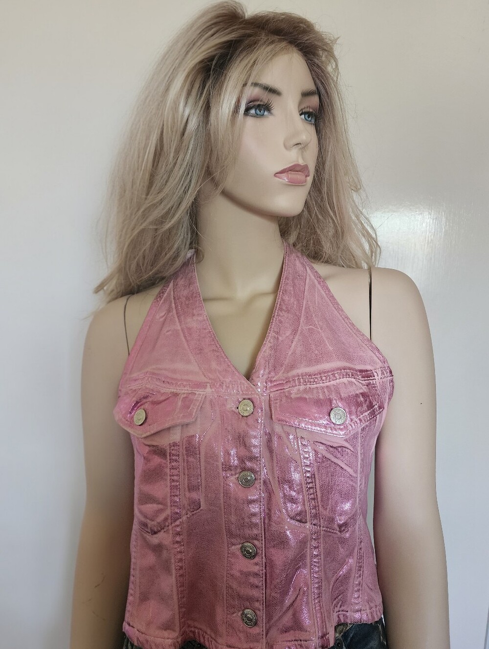 Zara Barbie Pink Metallic Halter Denim Vest Sz M